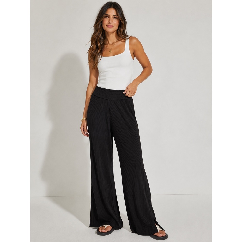 Varley Raya Split Hem Ribbed Wide Leg Pants Black XS Modal‎